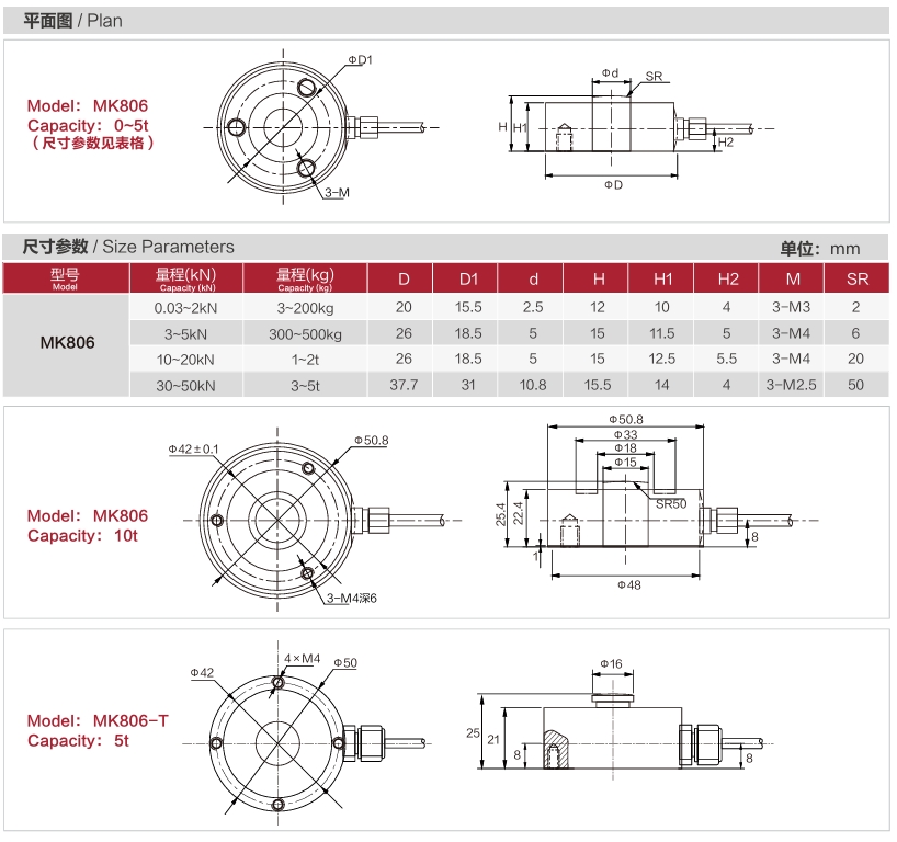 MK806-T Miniature Load Cell dimension drawing